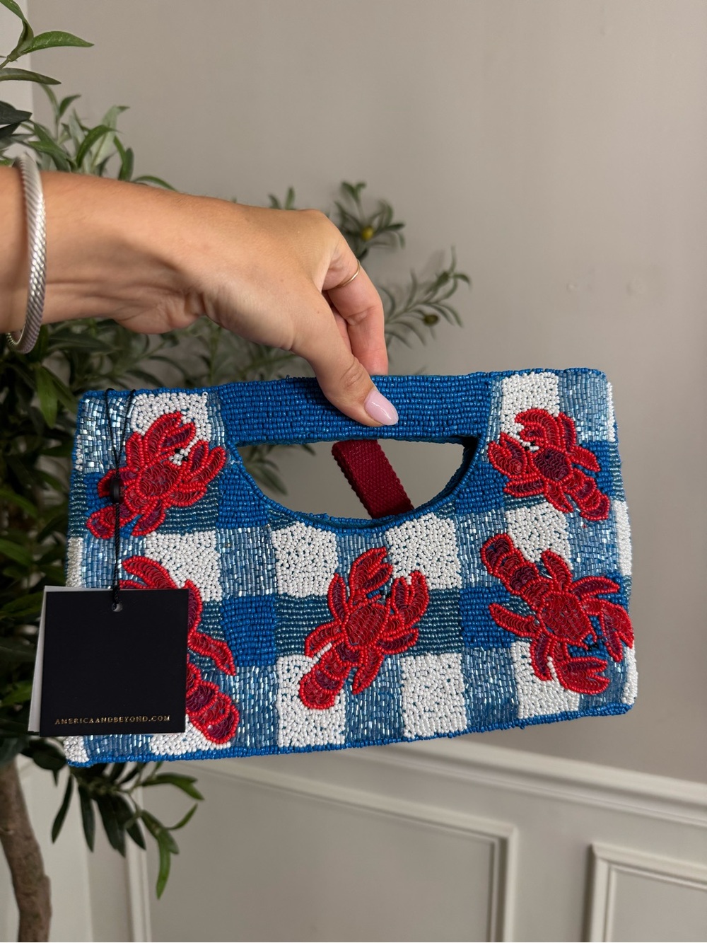 America & Beyond Beaded Blue Checkered Lobster Clutch